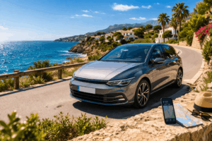 Auto auf Küstenstraße mit Meer, Bergen und spanischem Dorf