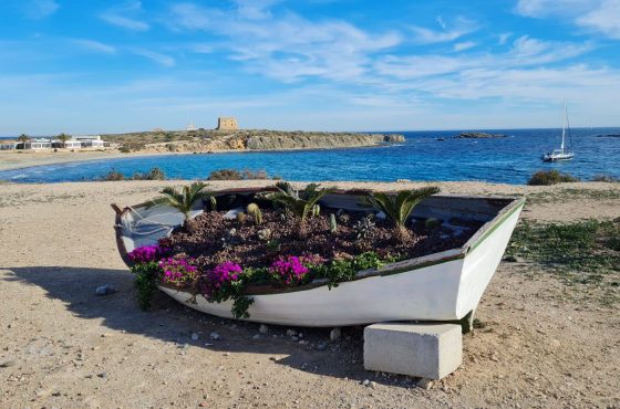 Platja de Tabarca mit Restaurants und Boot mit Blumen